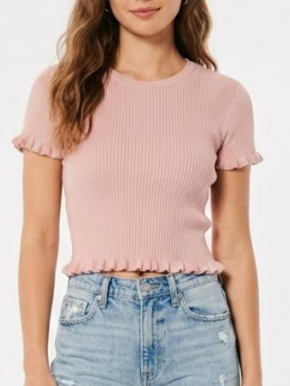 Zara Ribbed Knit Crop Top with Lettuce-Edge/Ruffled Trim Size S